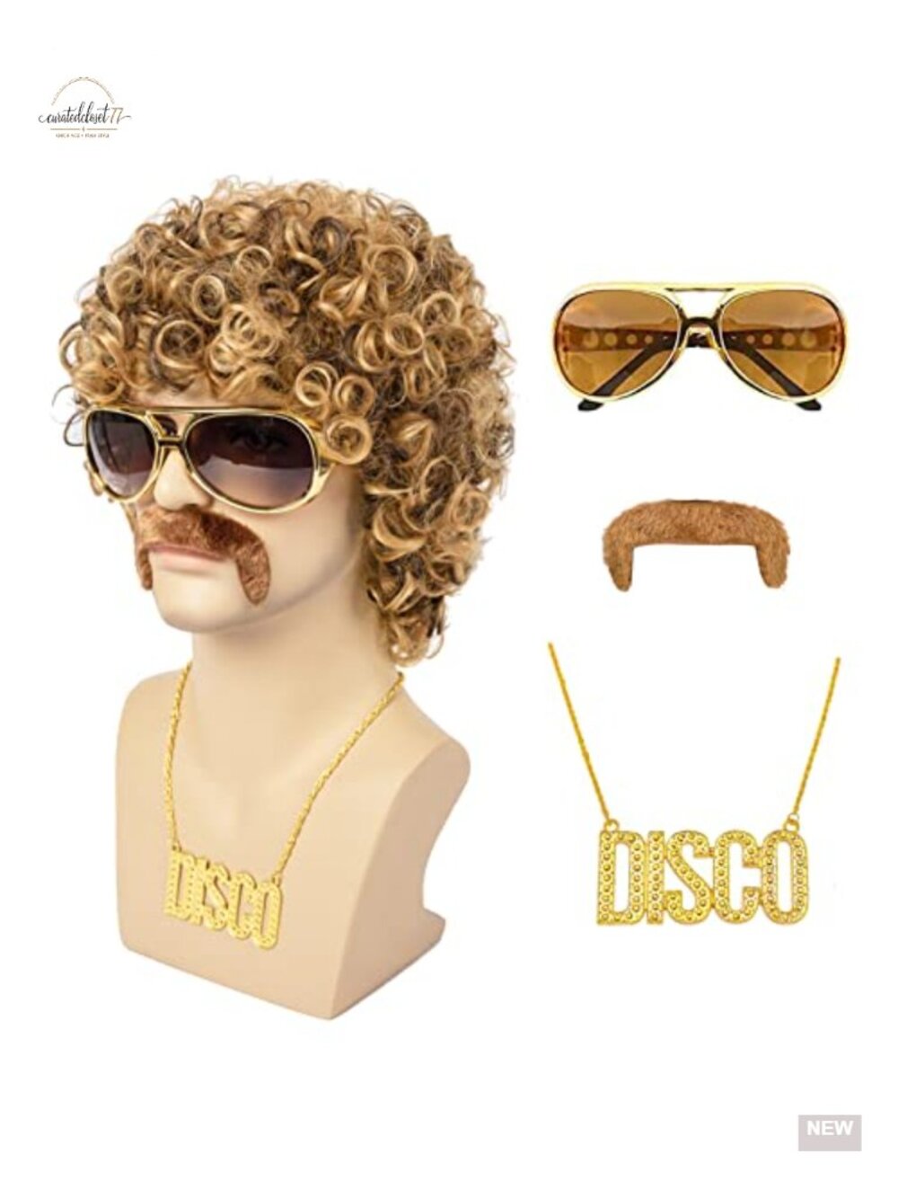Men's Afro Disco Wig 5pc Set Synthetic Heat Resistant Curly
